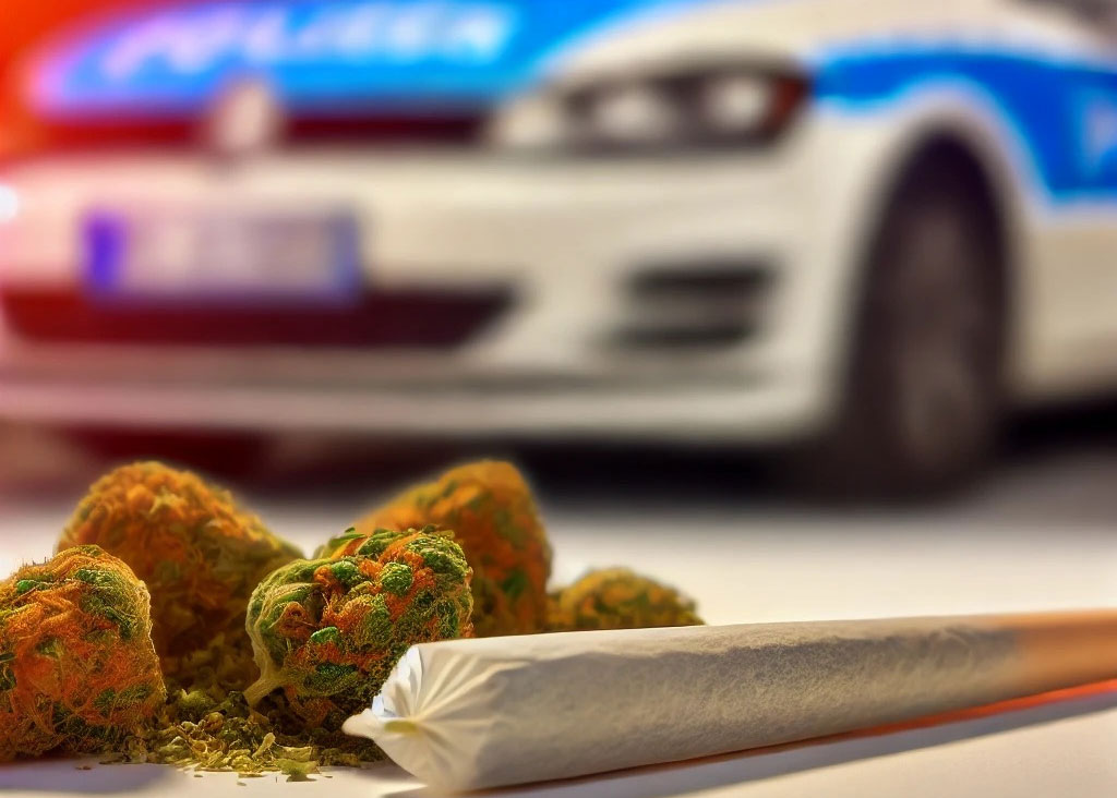 Ein Polizeiauto mit eingeschaltetem Blaulicht im Hintergrund und im Vordergrund ein Joint sowie mehrere Cannabisblüten.