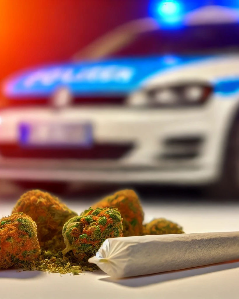 Ein Polizeiauto mit eingeschaltetem Blaulicht im Hintergrund und im Vordergrund ein Joint sowie mehrere Cannabisblüten.