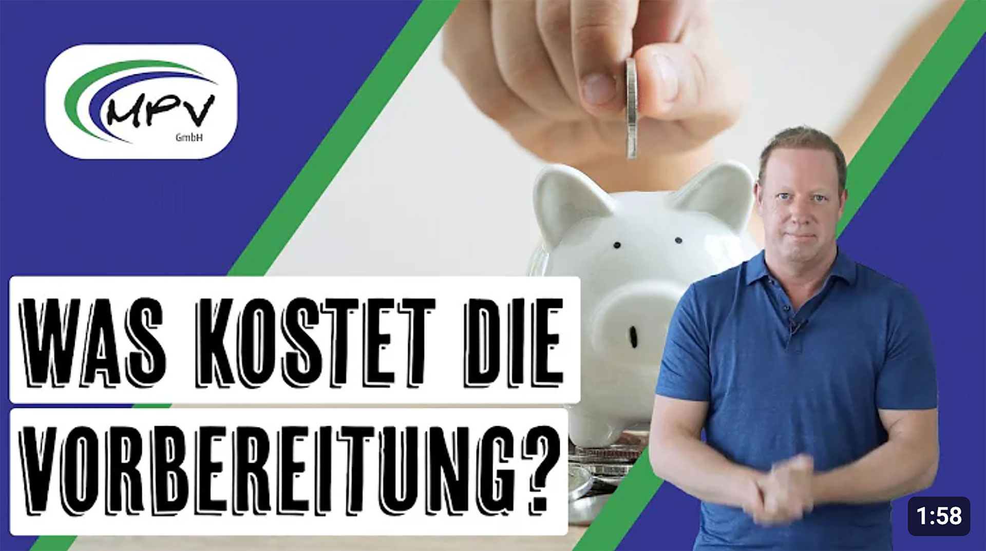 Thumbnail eines Videos mit der Frage "Was kostet die Vorbereitung?" zeigt Markus Erl und ein Sparschwein, in das eine Münze eingeworfen wird.