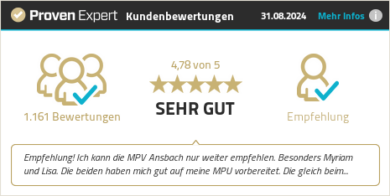 Bewertung von MPV GmbH auf ProvenExpert: Sehr gut mit 4,78 von 5 Sternen, basierend auf 1.161 Bewertungen. Die MPU-Vorbereitung in Ansbach wird empfohlen, besonders für die professionelle Beratung durch Myriam und Lisa bei der MPU Alkohol- und MPU Drogenvorbereitung.