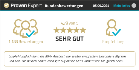 ProvenExpert Kundenbewertung mit 1.188 Bewertungen und einer Durchschnittsbewertung von 4,78 von 5 Sternen, klassifiziert als "SEHR GUT". Empfohlen wird die MPV Ansbach.