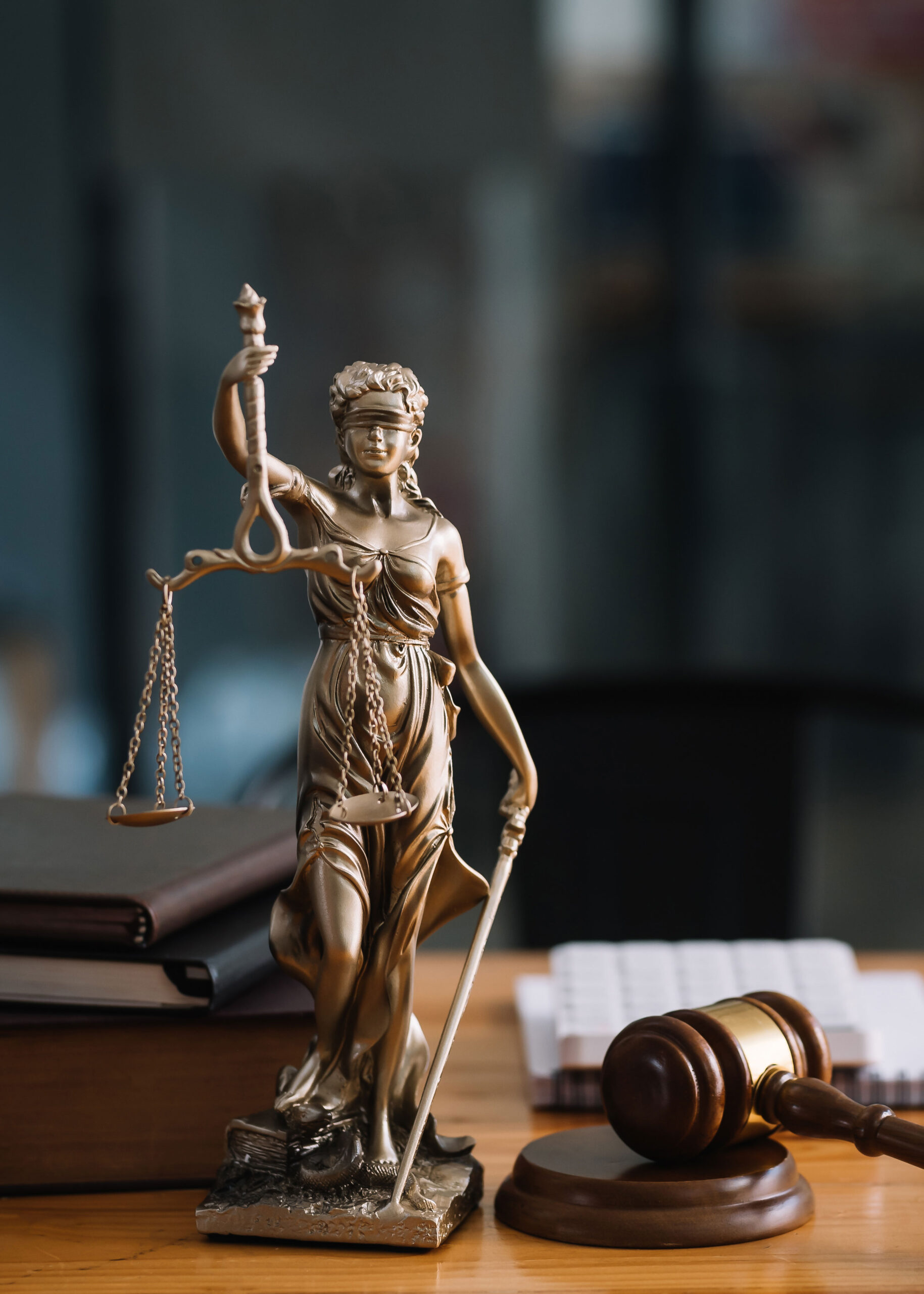 Justitia-Statue mit Richterhammer auf einem Schreibtisch – Symbol für Akteneinsicht, Einspruch und juristische Unterstützung bei der MPU Vorbereitung