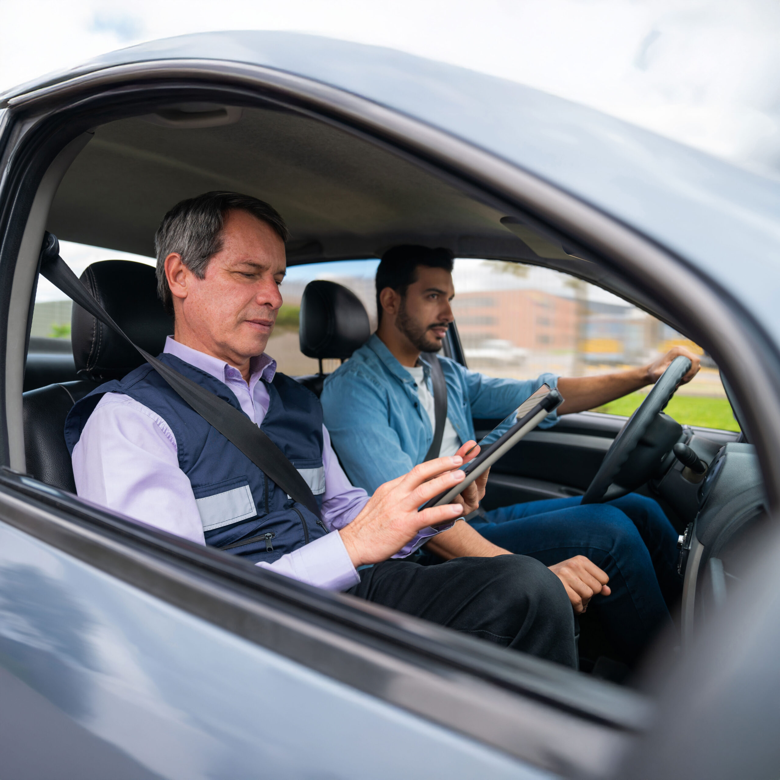 Fahrer und Beifahrer im Auto mit Tablet